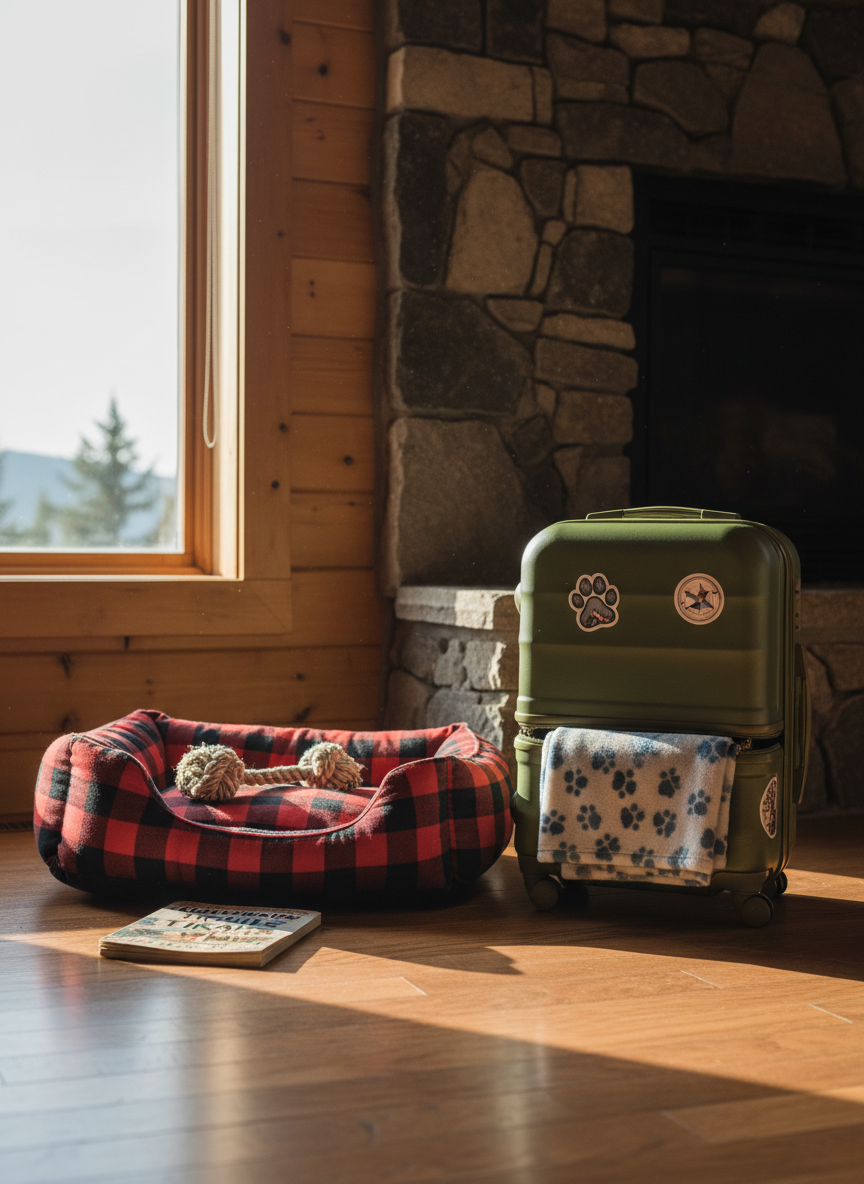 A cozy living room corner in a mountain cabin, featuring an overstuffed plaid pet bed with a well-loved chew toy and a folded travel guidebook resting beside it. A compact, hard-shell suitcase with playful travel stickers leans against a stone fireplace, its zipper slightly open to reveal a neatly folded blanket patterned with tiny paw prints. Golden hour sunlight filters through a nearby window, painting warm streaks across the wooden floor and creating gentle, elongated shadows. Photographic realism captures the rich textures of wool, stone, and wood. Shot from a low, intimate angle with the composition following the rule of thirds, the mood feels snug, playful, and quietly adventurous, perfect for a pet sitter’s nomadic home base.