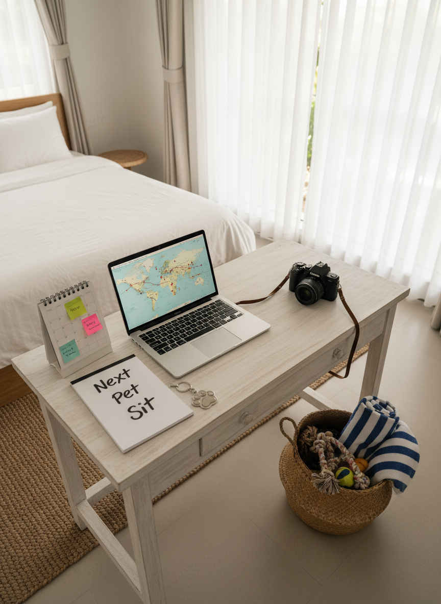 An airy, minimalist bedroom in a tropical bungalow, centered on a whitewashed wooden desk covered with travel planning essentials: an open laptop displaying a map, a spiral notebook labeled “Next Pet Sit,” a small calendar marked with colorful sticky notes, and a camera resting beside a paw-shaped keychain. A woven basket nearby overflows with dog toys and a folded beach towel. Soft, diffused midday sunlight filters through sheer curtains, bathing the room in a bright, relaxed glow. Photographic realism emphasizes clean lines and subtle textures, from the linen bedding to the woven rug. Shot from a three-quarter overhead angle with balanced composition, the mood is lighthearted, organized, and full of wanderlust.