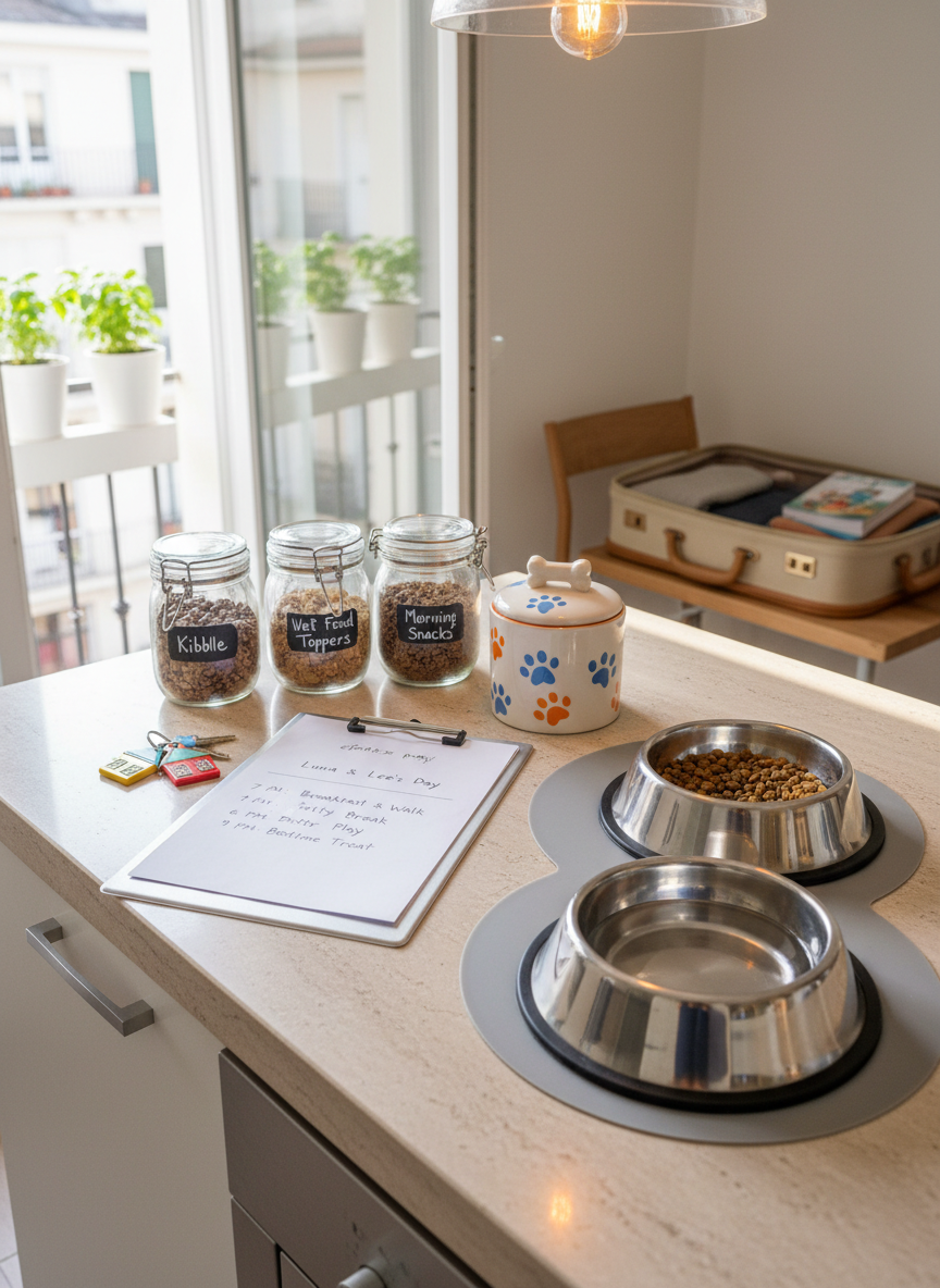 A bright kitchen counter in a small European apartment, meticulously arranged with labeled pet food containers, a neatly written daily care schedule on a clipboard, and a keyring with quirky house-shaped keychains. A pair of stainless steel pet bowls, one filled with water reflecting the overhead light, sits beside a colorful ceramic treat jar featuring cartoon paw prints. Morning light streams through a nearby balcony door, casting soft, natural illumination and subtle reflections on the polished countertop. Captured from a slightly elevated angle in crisp photographic detail, the background shows potted herbs on the windowsill and a suitcase half-packed on a chair, creating a cheerful, organized, and nomadic atmosphere.