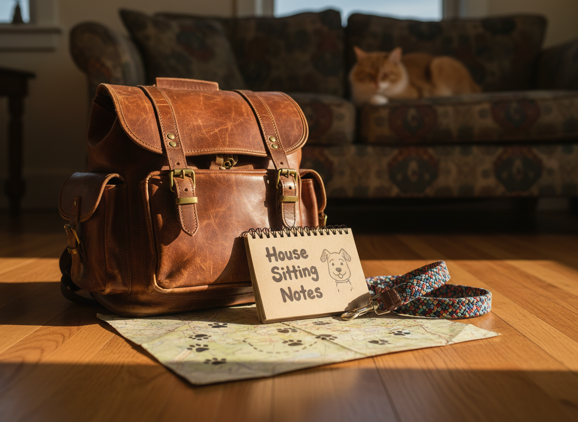 A well-traveled, slightly scuffed vintage brown leather backpack resting on a sunlit wooden floor of a cozy seaside cottage. Around it are a worn paper map with doodled paw prints, a colorful fabric dog leash, and a small notebook labeled “House Sitting Notes” in playful handwriting. Soft late-afternoon natural light pours through a nearby window, creating warm highlights on the leather texture and gentle shadows on the floorboards. Shot at an eye-level angle with a shallow depth of field, the background shows a blurred glimpse of a tidy living room and a curled-up cat on a sofa. The mood is inviting, adventurous, and playful, captured in vivid photographic realism.