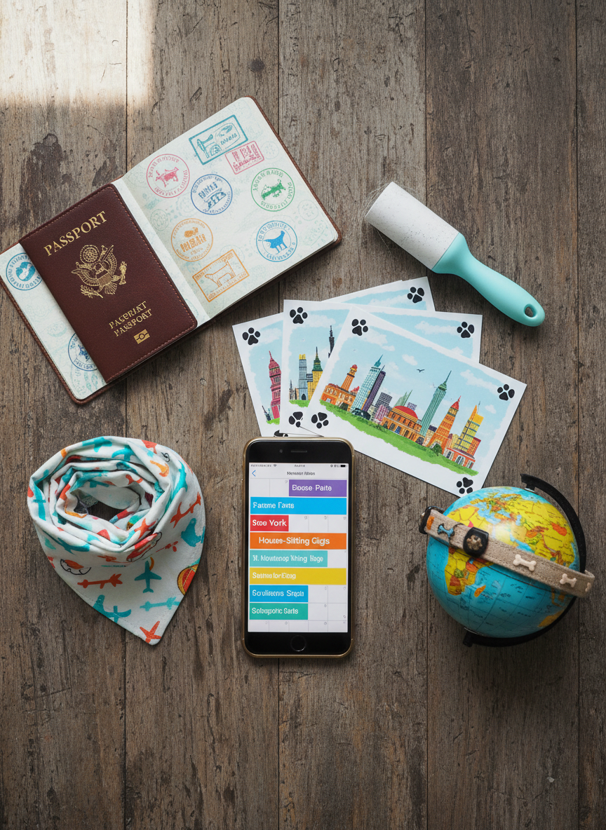 A whimsical flat lay on a rustic wooden table, featuring a stamped passport, a brightly patterned pet bandana, a tiny travel-sized lint roller, and a stack of colorful postcards showing different cities with doodled paw prints on the corners. A smartphone displays a calendar packed with overlapping house-sitting dates, and a miniature globe sits off-center with a tiny collar draped over it. Soft, even overcast light from a nearby window creates minimal shadows and rich, natural colors. Photographic realism captures every paper fiber and fabric thread. Shot from a perfect bird’s eye view with playful asymmetrical balance, the atmosphere feels energetic, spontaneous, and delightfully nomadic, perfectly reflecting a pet/house sitter’s travel blog identity.